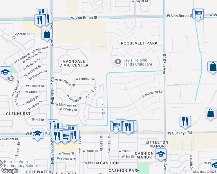map of restaurants, bars, coffee shops, grocery stores, and more near 11030 West Lincoln Street in Avondale
