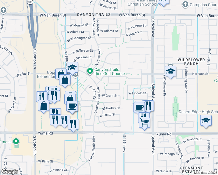 map of restaurants, bars, coffee shops, grocery stores, and more near 16566 West Lincoln Street in Goodyear