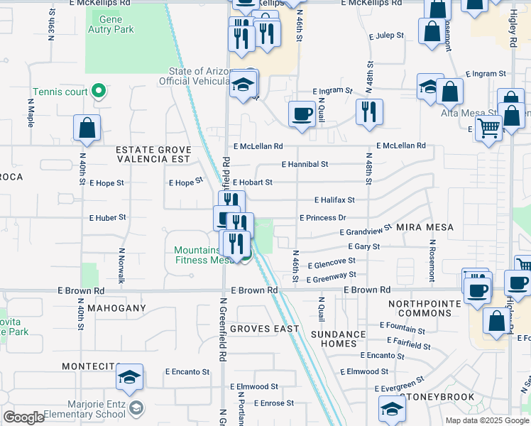map of restaurants, bars, coffee shops, grocery stores, and more near 4520 East Princess Drive in Mesa