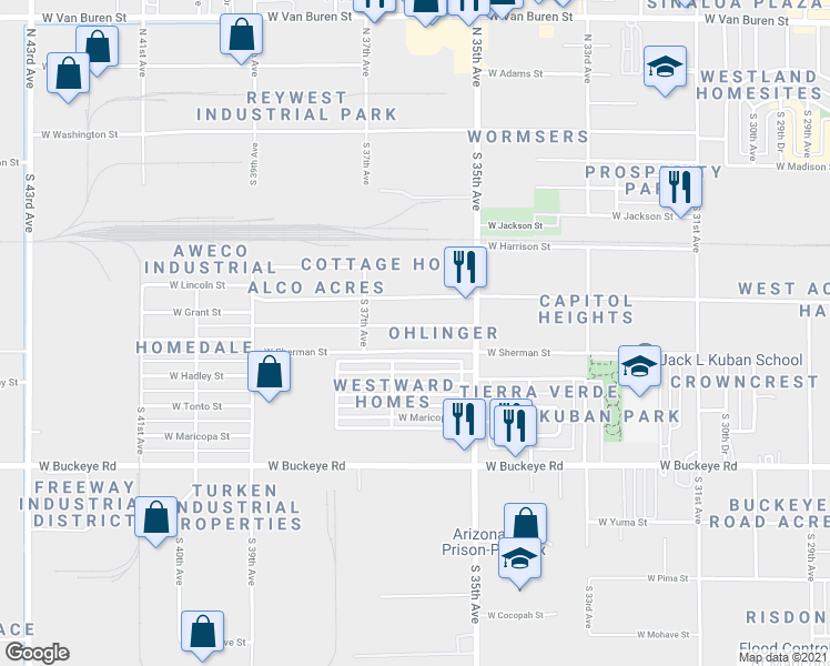 map of restaurants, bars, coffee shops, grocery stores, and more near 3601 West Grant Street in Phoenix