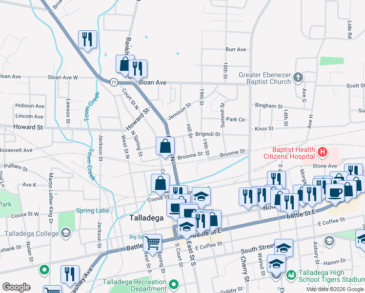 map of restaurants, bars, coffee shops, grocery stores, and more near 306 Percy Street in Talladega