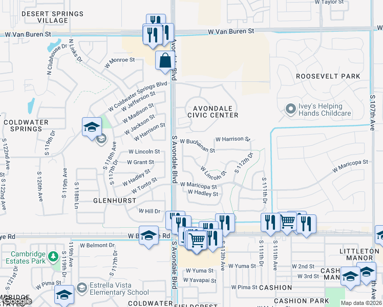 map of restaurants, bars, coffee shops, grocery stores, and more near 11394 West Lincoln Street in Avondale