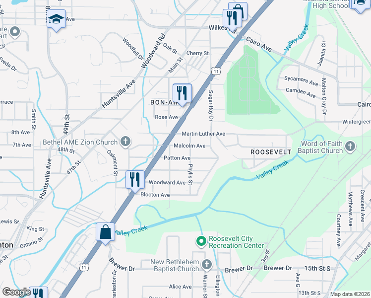 map of restaurants, bars, coffee shops, grocery stores, and more near 6009 Malcolm Avenue in Bessemer
