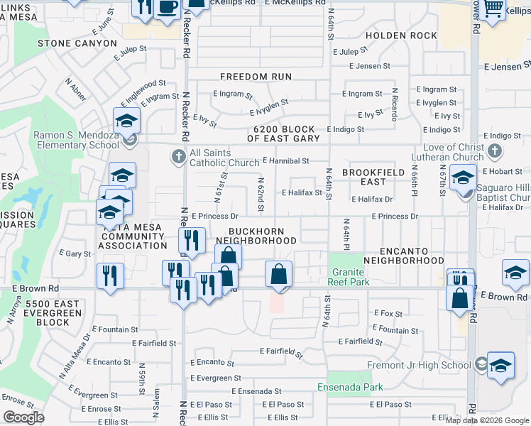 map of restaurants, bars, coffee shops, grocery stores, and more near 6157 East Princess Drive in Mesa