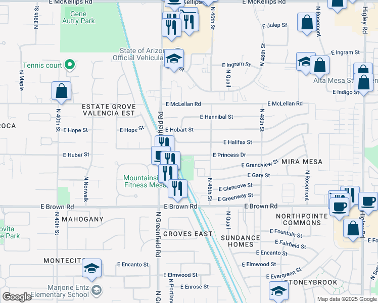 map of restaurants, bars, coffee shops, grocery stores, and more near 4520 East Princess Drive in Mesa