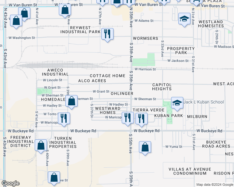 map of restaurants, bars, coffee shops, grocery stores, and more near 3601 West Grant Street in Phoenix