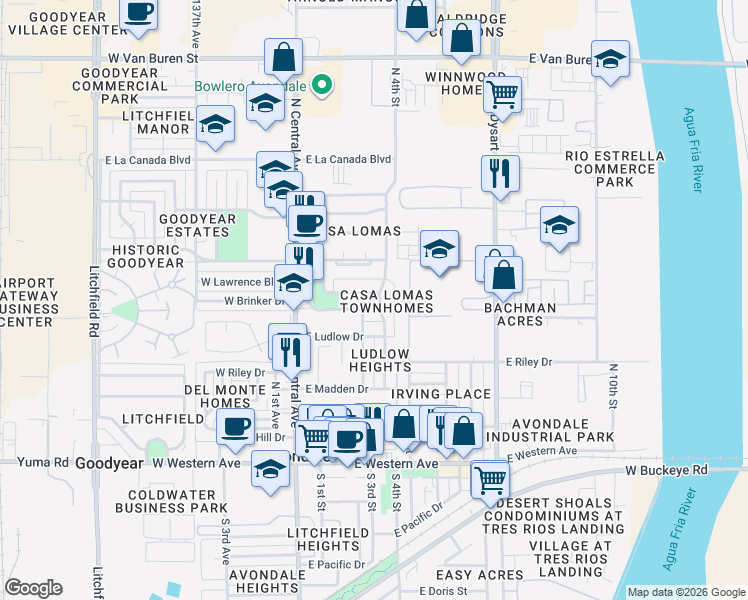 map of restaurants, bars, coffee shops, grocery stores, and more near 207 East Lawrence Boulevard in Avondale