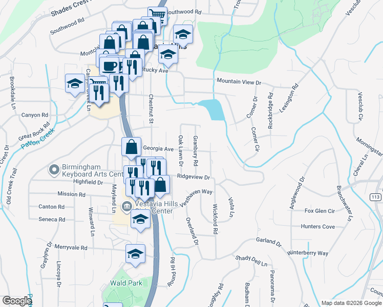 map of restaurants, bars, coffee shops, grocery stores, and more near 1004 Granbury Road in Vestavia Hills