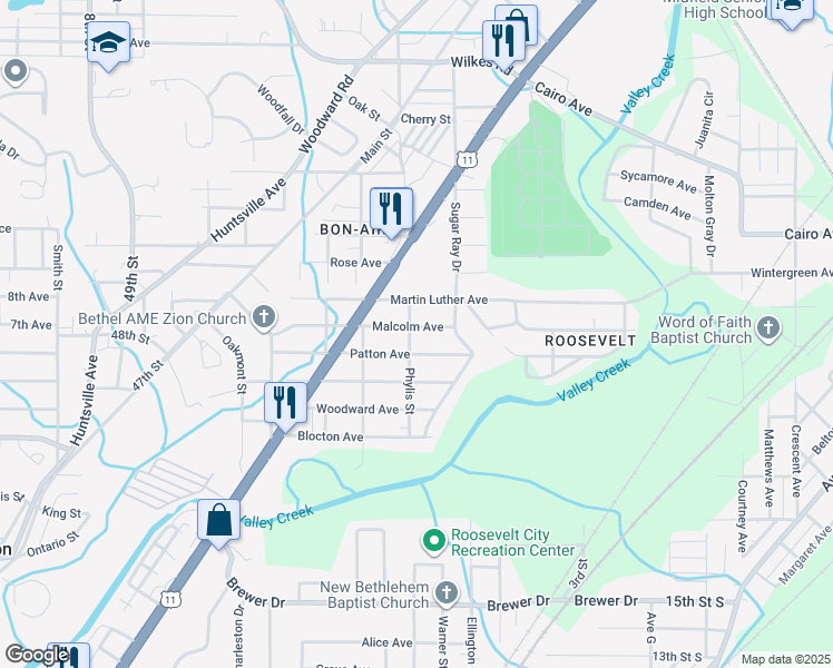 map of restaurants, bars, coffee shops, grocery stores, and more near 6009 Malcolm Avenue in Bessemer