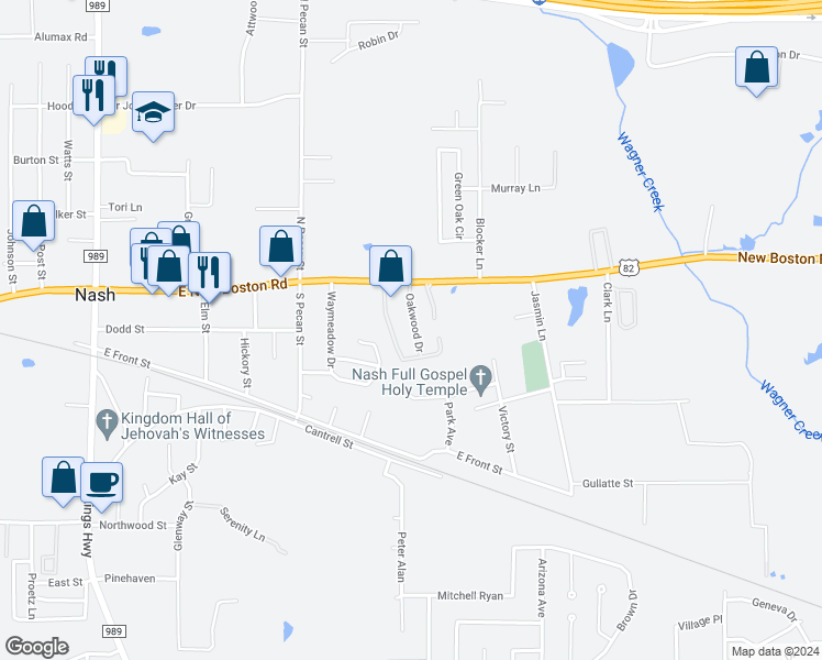 map of restaurants, bars, coffee shops, grocery stores, and more near 28 Oakwood Drive in Nash