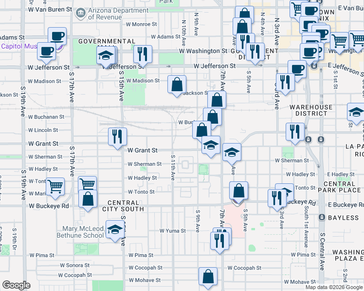 map of restaurants, bars, coffee shops, grocery stores, and more near 930 West Grant Street in Phoenix