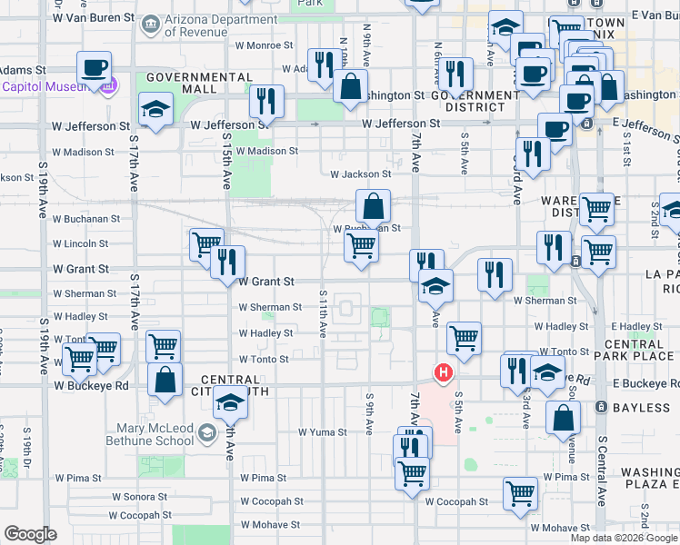 map of restaurants, bars, coffee shops, grocery stores, and more near 930 West Grant Street in Phoenix
