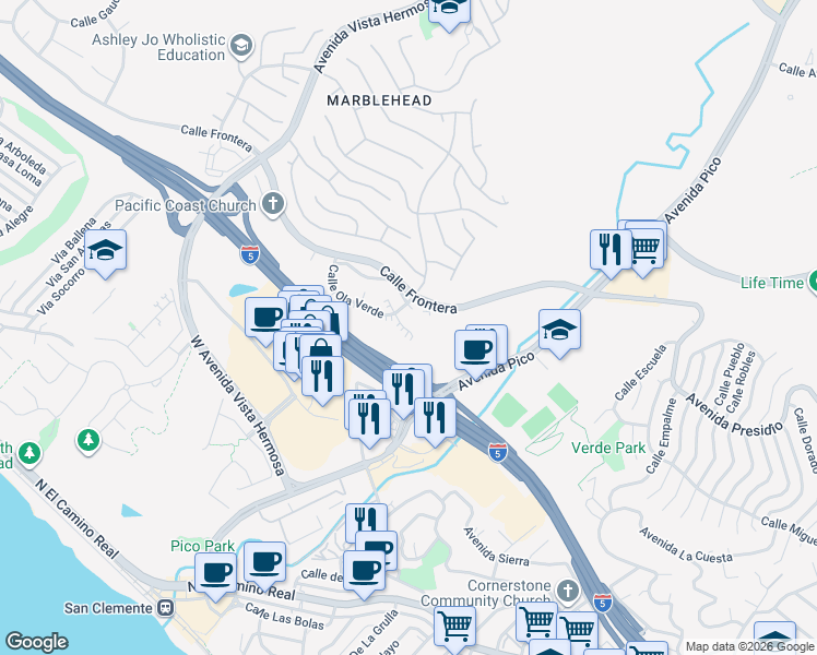 map of restaurants, bars, coffee shops, grocery stores, and more near 2031 Via Concha in San Clemente