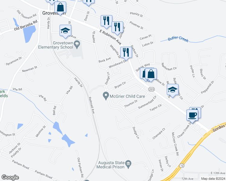 map of restaurants, bars, coffee shops, grocery stores, and more near 956 Bryan Circle in Grovetown