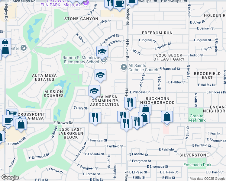 map of restaurants, bars, coffee shops, grocery stores, and more near 1402 North Recker Road in Mesa