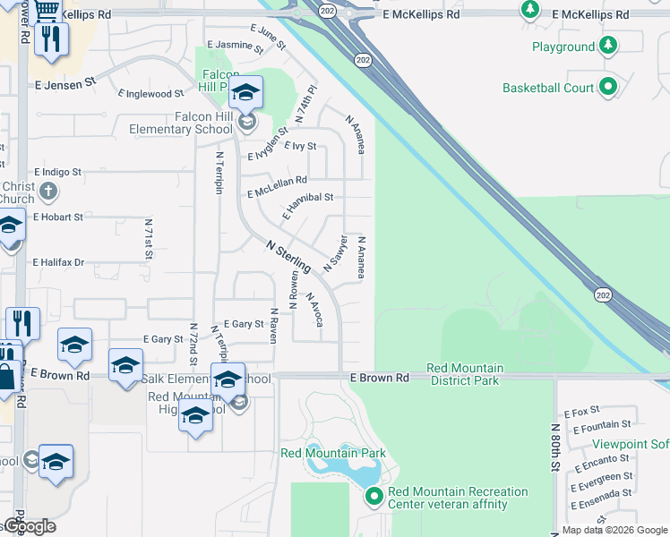 map of restaurants, bars, coffee shops, grocery stores, and more near 1412 North Rowen Circle in Mesa