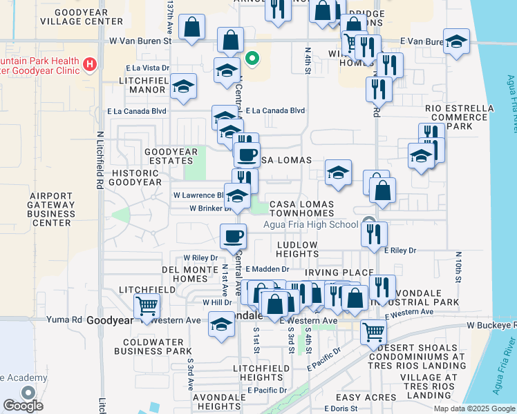map of restaurants, bars, coffee shops, grocery stores, and more near 108 East Brinker Drive in Avondale