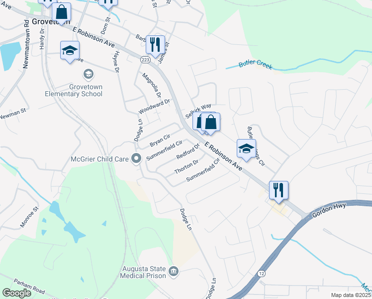 map of restaurants, bars, coffee shops, grocery stores, and more near 106 Redford Drive in Grovetown