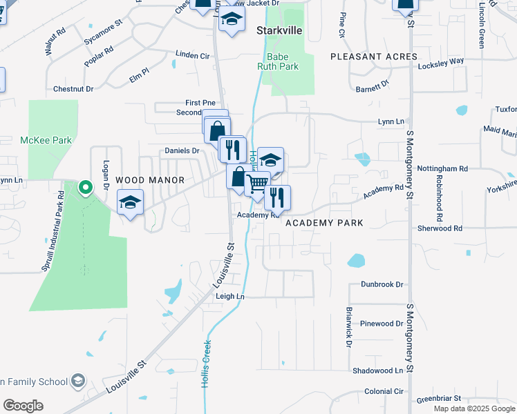 map of restaurants, bars, coffee shops, grocery stores, and more near 201 Academy Road in Starkville