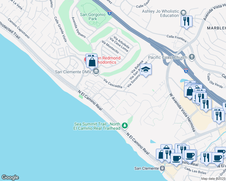 map of restaurants, bars, coffee shops, grocery stores, and more near 408 Camino San Clemente in San Clemente