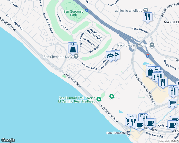 map of restaurants, bars, coffee shops, grocery stores, and more near 408 Camino San Clemente in San Clemente