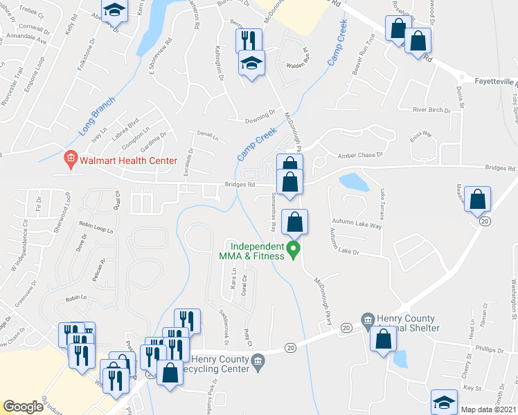 map of restaurants, bars, coffee shops, grocery stores, and more near 219 Adam Circle in McDonough