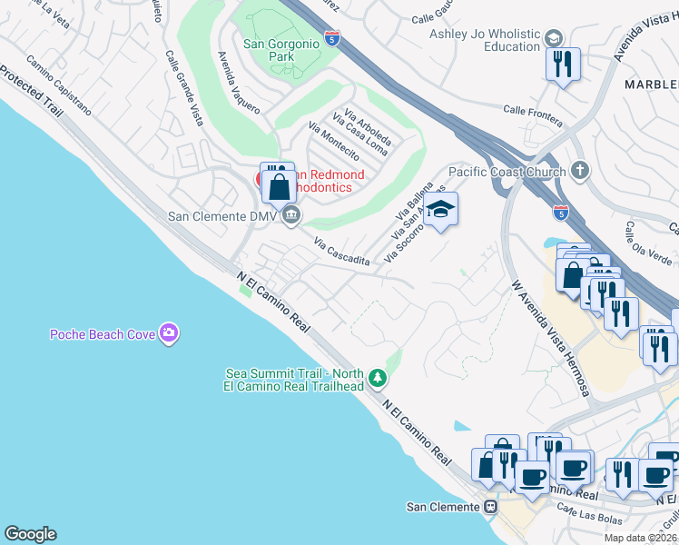 map of restaurants, bars, coffee shops, grocery stores, and more near 410 Camino San Clemente in San Clemente