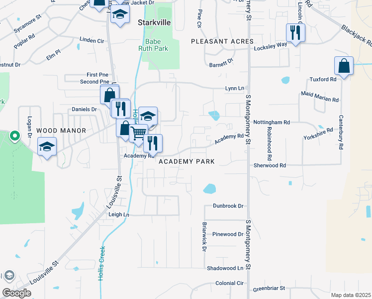 map of restaurants, bars, coffee shops, grocery stores, and more near Academy Rd in Starkville