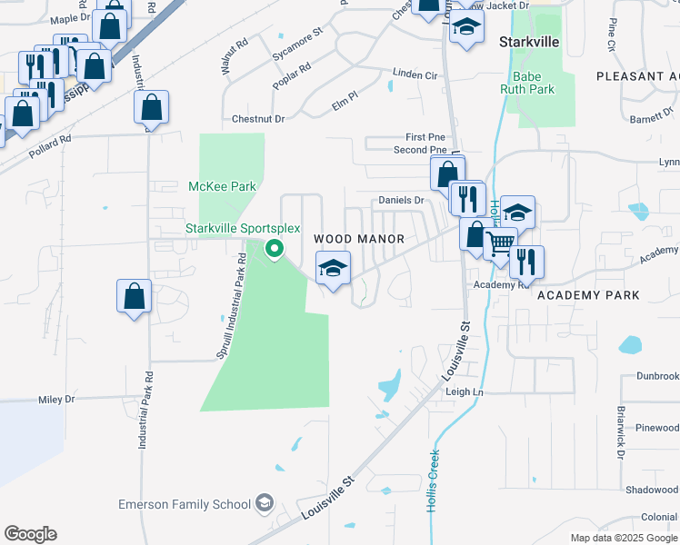map of restaurants, bars, coffee shops, grocery stores, and more near 162 Park Circle in Starkville