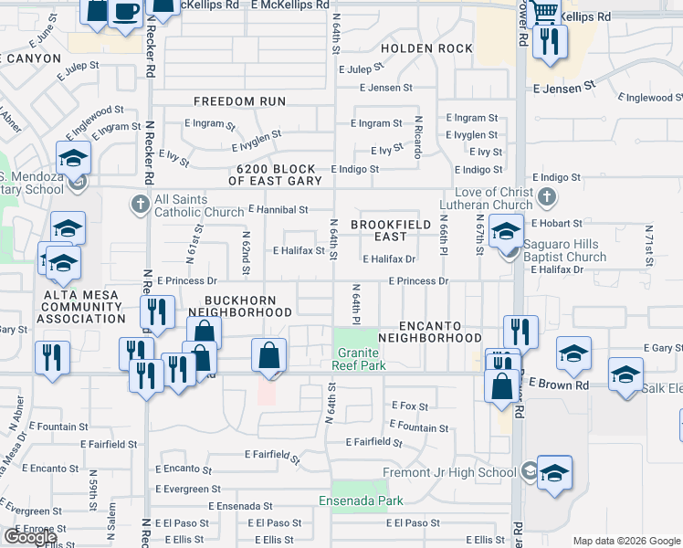 map of restaurants, bars, coffee shops, grocery stores, and more near 6361 East Princess Drive in Mesa