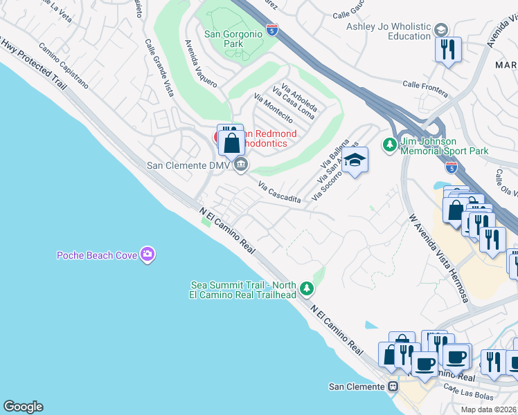 map of restaurants, bars, coffee shops, grocery stores, and more near 356 Camino San Clemente in San Clemente