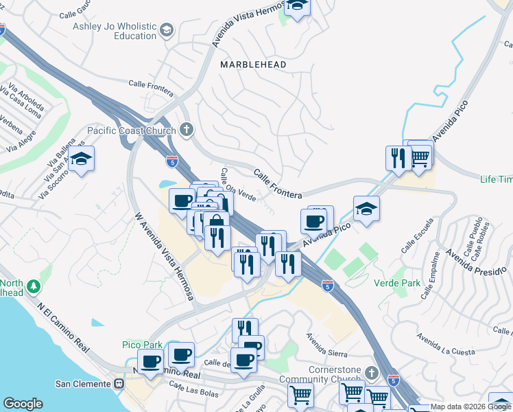 map of restaurants, bars, coffee shops, grocery stores, and more near 2031 Via Concha in San Clemente