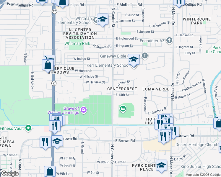 map of restaurants, bars, coffee shops, grocery stores, and more near 1427 North Shill Drive in Mesa