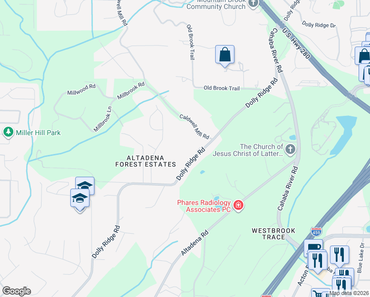 map of restaurants, bars, coffee shops, grocery stores, and more near 4612 Dolly Ridge Road in Vestavia Hills