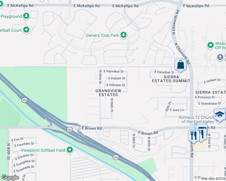 map of restaurants, bars, coffee shops, grocery stores, and more near 8659 East Halifax Street in Mesa