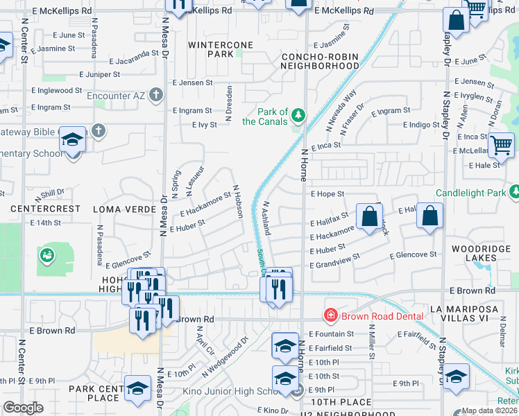 map of restaurants, bars, coffee shops, grocery stores, and more near 1419 North Ashland in Mesa
