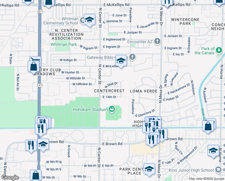 map of restaurants, bars, coffee shops, grocery stores, and more near 51 East 14th Place in Mesa