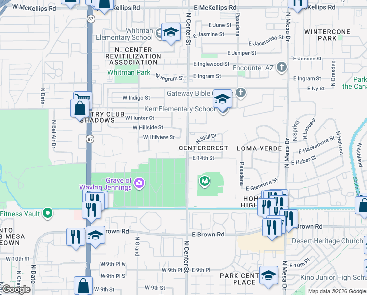 map of restaurants, bars, coffee shops, grocery stores, and more near 1427 North Shill Drive in Mesa