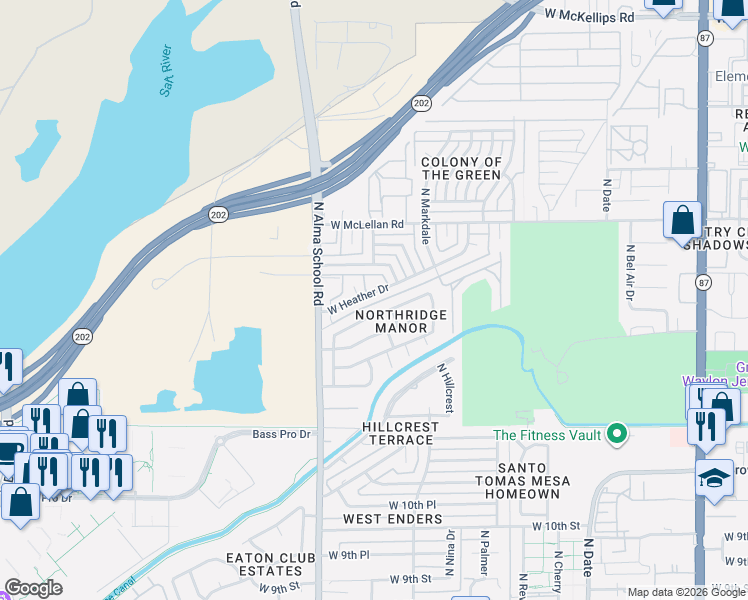 map of restaurants, bars, coffee shops, grocery stores, and more near 1050 West Hillview Street in Mesa