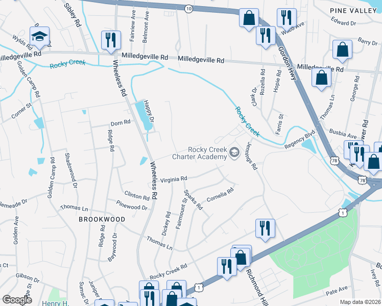map of restaurants, bars, coffee shops, grocery stores, and more near 2366 Courtney Circle in Augusta