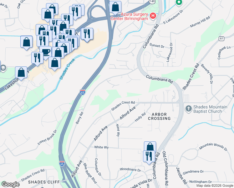 map of restaurants, bars, coffee shops, grocery stores, and more near 1528 Shades Crest Road in Birmingham