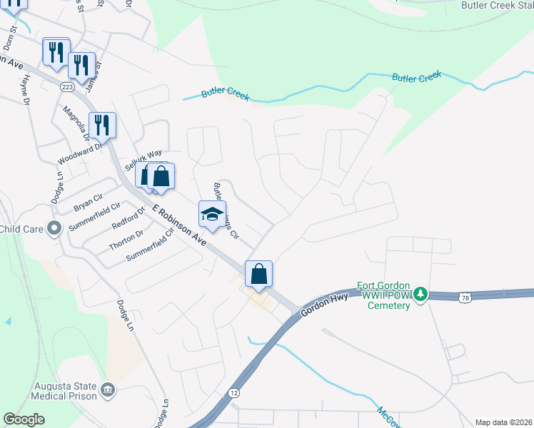 map of restaurants, bars, coffee shops, grocery stores, and more near 677 Butler Springs Circle in Grovetown