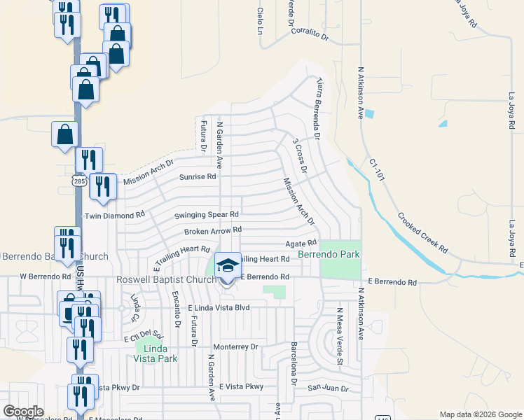 map of restaurants, bars, coffee shops, grocery stores, and more near 812 Swinging Spear Road in Roswell