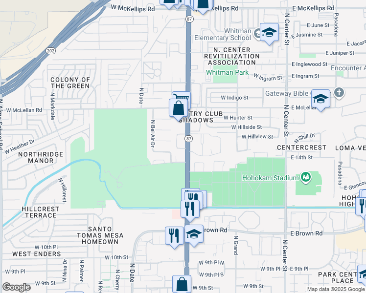 map of restaurants, bars, coffee shops, grocery stores, and more near 1418 North Country Club Drive in Mesa