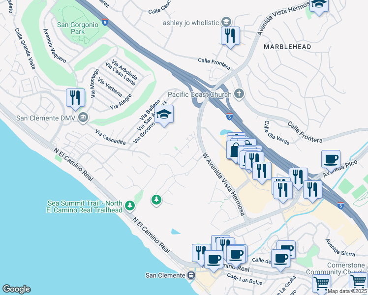 map of restaurants, bars, coffee shops, grocery stores, and more near 102 Via Galicia in San Clemente
