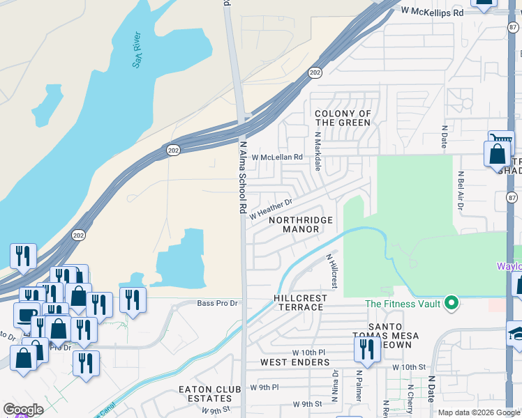 map of restaurants, bars, coffee shops, grocery stores, and more near 1125 West Heather Drive in Mesa