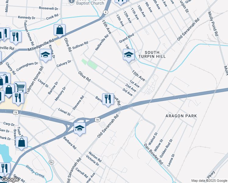 map of restaurants, bars, coffee shops, grocery stores, and more near 2052 Olive Road in Augusta
