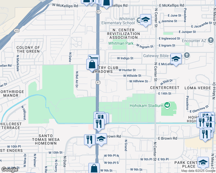 map of restaurants, bars, coffee shops, grocery stores, and more near 1415 Arizona 87 in Mesa