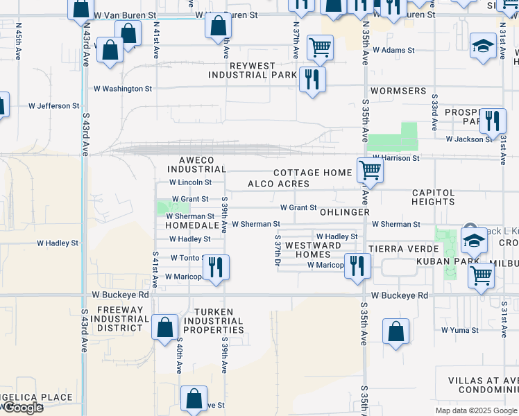 map of restaurants, bars, coffee shops, grocery stores, and more near 3807 West Grant Street in Phoenix
