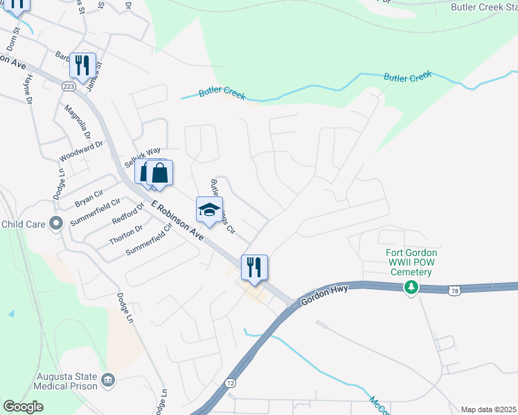 map of restaurants, bars, coffee shops, grocery stores, and more near 675 Butler Springs Circle in Grovetown